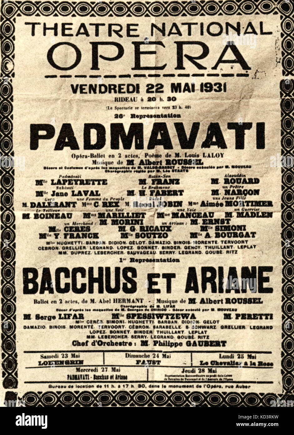 Albert Roussel, 'Padmavati' e 'Bacchuset Ariane' poster, 22 maggio 1931. Première di Bacchus et Ariane. Teatro dell'Opera Nazionale di Parigi. Il compositore francese, 1869-1937. Foto Stock