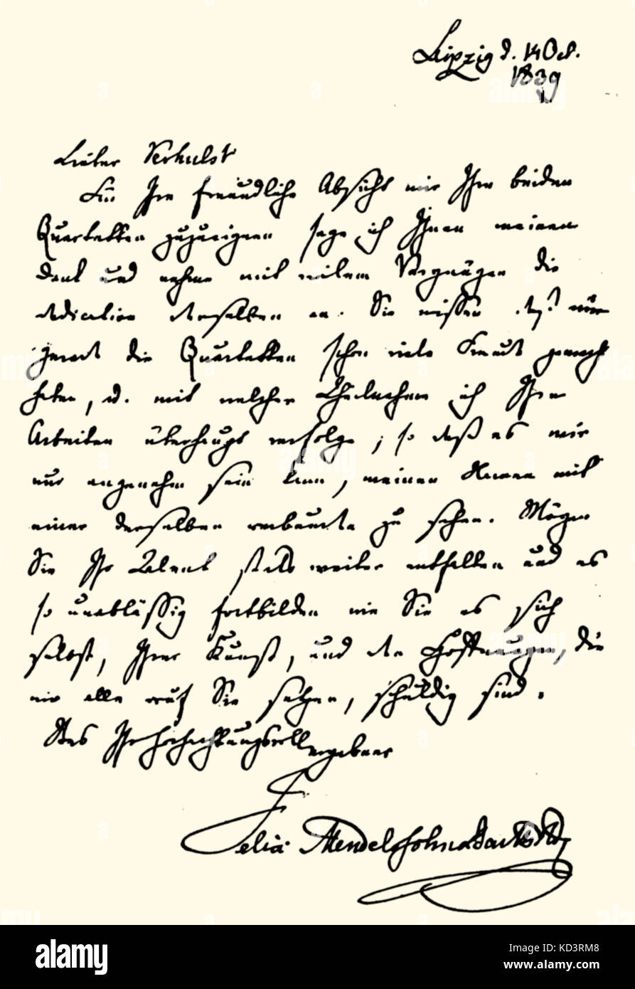 Felix Mendelssohn lettera a Johannes Verhulst. Verhulst (1816-1891)è stato un compositore olandese e il conduttore e amico di Schumann e Mendelssohn. Compositore Tedesco, 1809-1847. Foto Stock