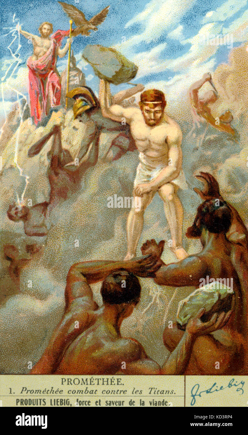 Prometeo - 'Prométhée. 1. Prometeo combatte per Giove contro i titani.' annuncio per Produits Liebig. Beethoven Foto Stock