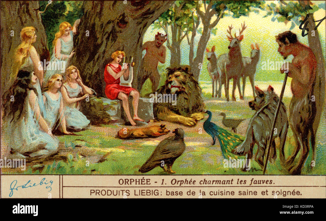 Orpheus - "Orphée 1. Orpheus fascino delle creature della foresta.' annuncio per Produits Liebig. Foto Stock