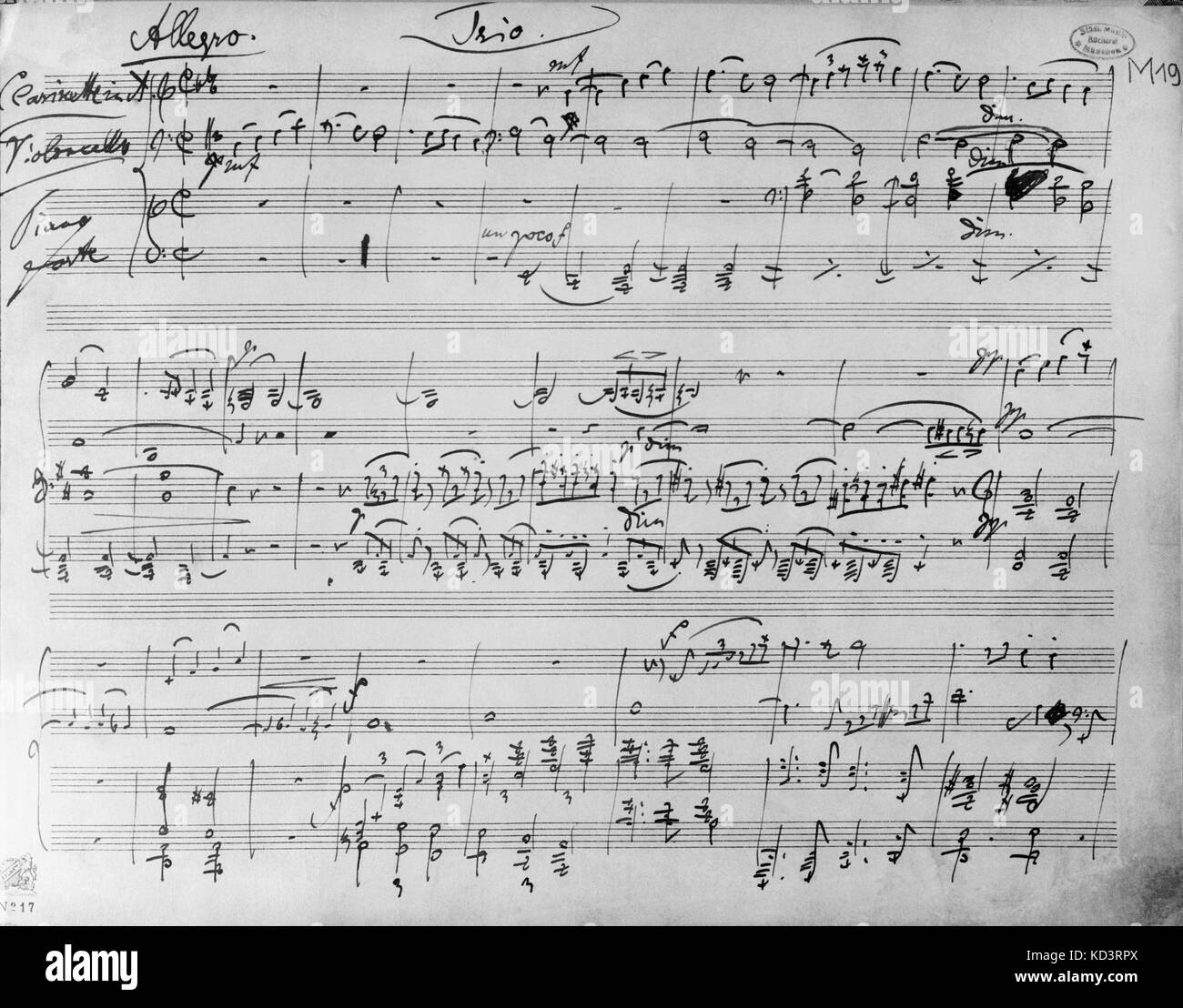 Johannes Brahms - pagina di apertura del compositore tedesco 's scritto a mano punteggio per Opus 114 (Trio per clarinetto, violoncello e pianoforte). 7 Maggio 1833 - 3 aprile 1897. Foto Stock