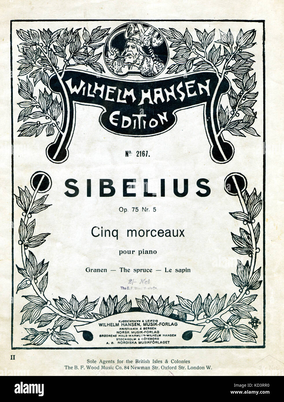 Jean Sibelius il punteggio del coperchio per Op.75 no.5 da "Cinq Morceaux pour piano" - l'Abete rosso. Pubblicato da Wilhelm Hansen, Kristiania & Bergen, 1922. Compositore finlandese, 1865-1957 Foto Stock