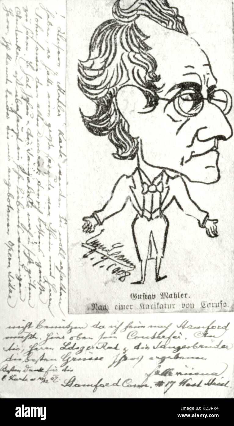 Gustav Mahler 's caricatura (1908) su una cartolina da Enrico Caruso (tenore italiano, 1873-1921). Il compositore austriaco, 1860-1911 Foto Stock