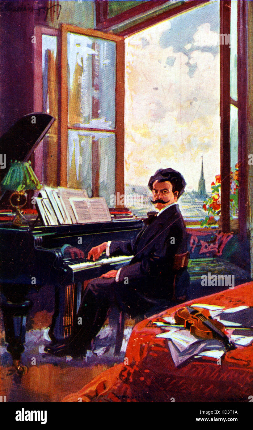 Johann Strauss II la composizione al pianoforte a Vienna. Il Duomo di Santo Stefano in background. Il compositore austriaco, conduttore e violinista 1825-1899 Foto Stock
