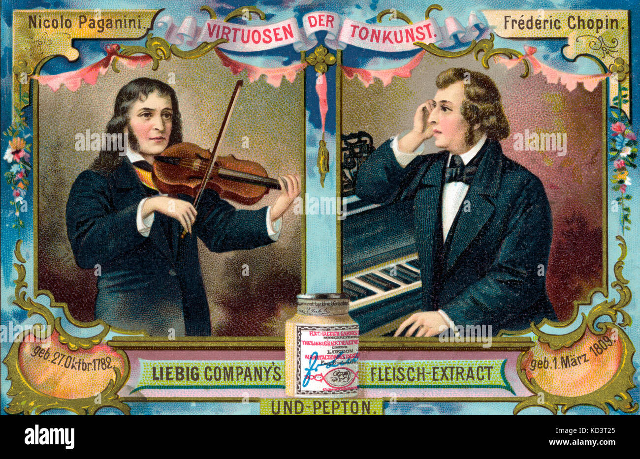 CHOPIN, Frederic -al pianoforte, Liebig advert virtuoso della scheda. Nicolo Paganini appare anche. Compositore polacco (1810-1849) Foto Stock