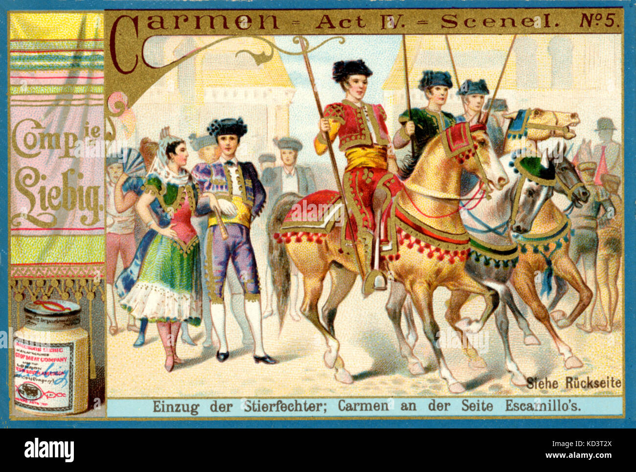 Scena di Georges Bizet " Carmen " sulla pubblicità Liebig, 1895. Atto 4, scena 1. Ingresso dei toreri; Carmen at Escamillo di lato. Il compositore francese (1838-1875). Foto Stock