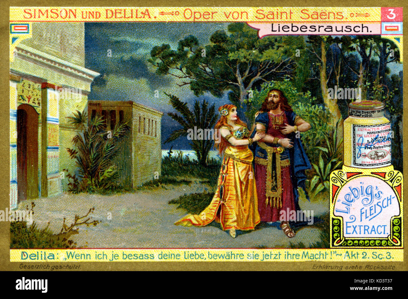 Saint-Saens' opera, 'Samson e Dalilah " Liebig annuncio. Estasi di amore - Atto 2. Scena 3. Dalila: "Se ho mai posseduto il vostro amore, può la sua potenza ora essere testato!". Il compositore francese (1835-1921) Foto Stock