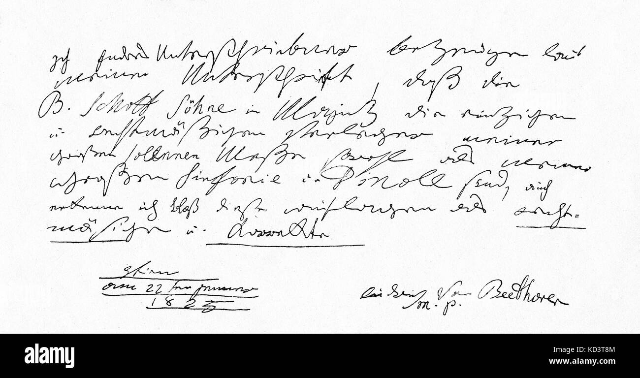 Beethoven della ricezione di B. Schott , gli editori di musica, la sua scrittura, 1825. Ludwig van Beethoven. Compositore tedesco 1770-1827 Foto Stock