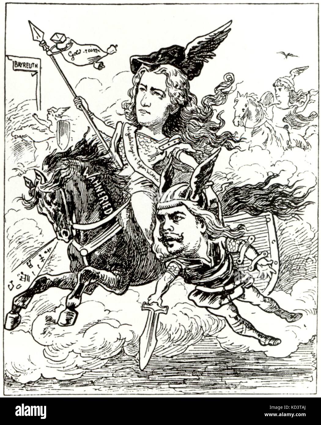 WAGNER e Cosima - caricatura - vestito come personaggio da Wagner anello opera / Ciclo Nibelungen. ' Frau Cosimas Walkürenritt ' ( Miss Cosima's Ride dell'Valkeries) Cosima raffigurato come Brünnhilde portando, Ernst van Dyck come Siegmund. Die Walkure Foto Stock