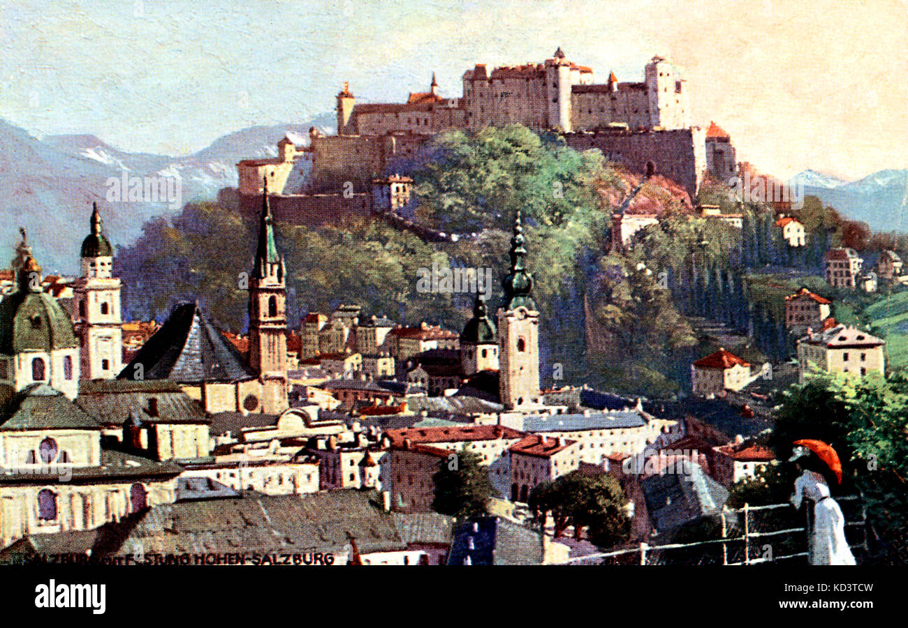 Salisburgo : consente di visualizzare con la fortezza di artista sconosciuto. Mozart Foto Stock