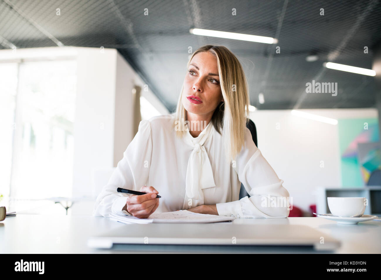 Bella giovane imprenditrice nel suo ufficio, seduto alla scrivania con un portatile per lavorare. Foto Stock
