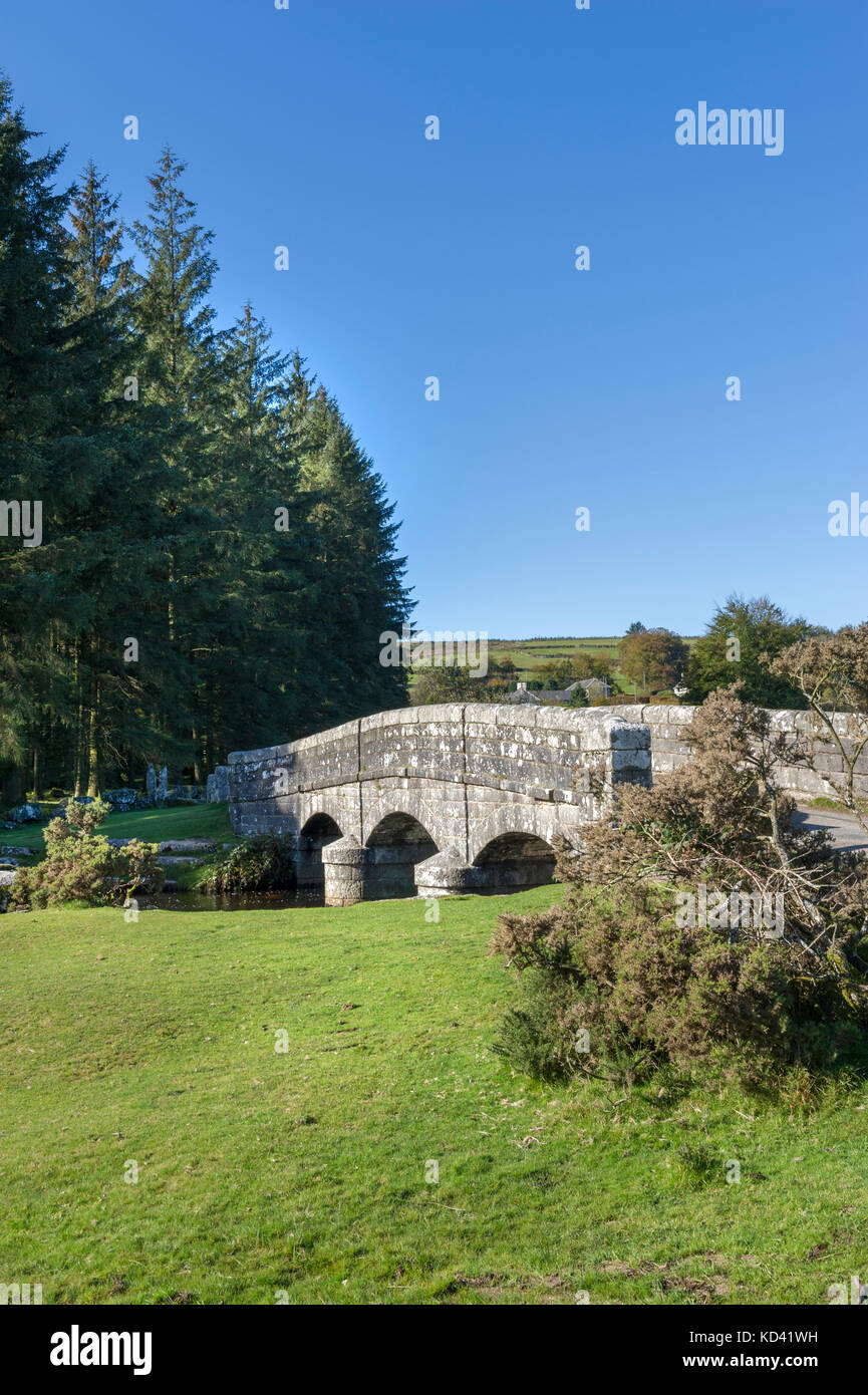 Visualizzazione verticale di un antico ponte di granito sul fiume Dart a bellever su dartmoor devon uk. glorioso giorno di estate, spazi di copia Foto Stock