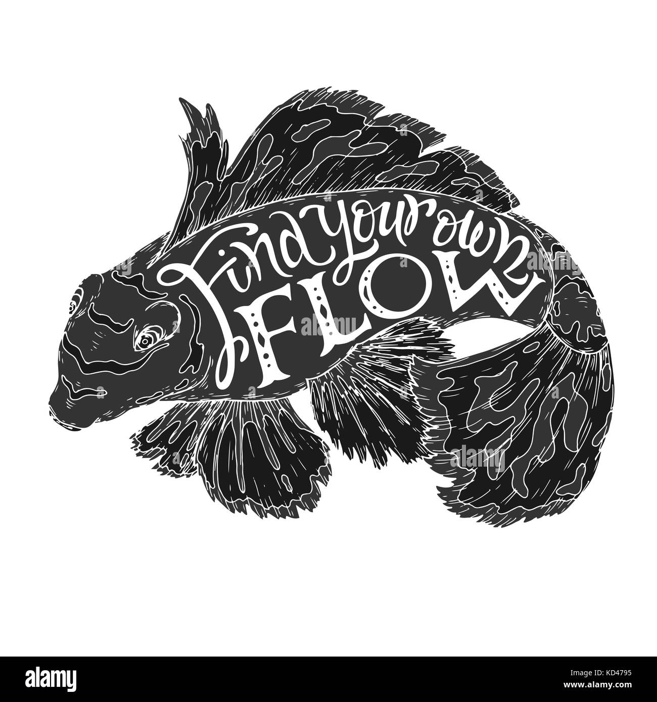 Spazzola ispirazione lettering preventivo con pesci tropicali dicendo di trovare il proprio flusso. Illustrazione Vettoriale