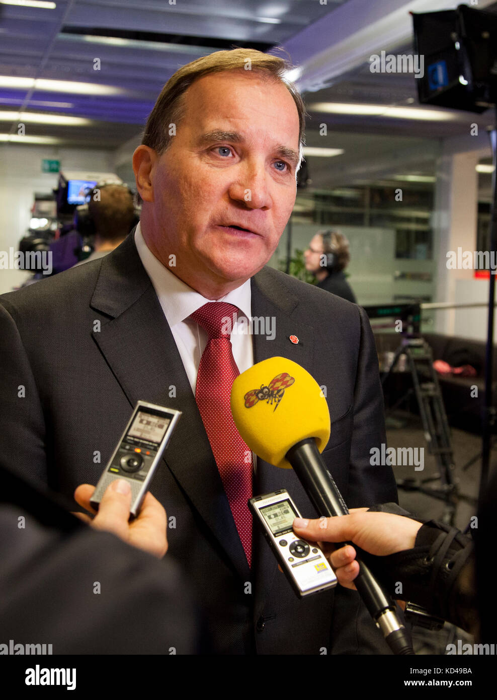 La svedese elezione anno 2018 iniziò con un party leadership dibattito in televisione svedese.il primo ministro e i socialdemocratici stefan löfven faccia il p Foto Stock