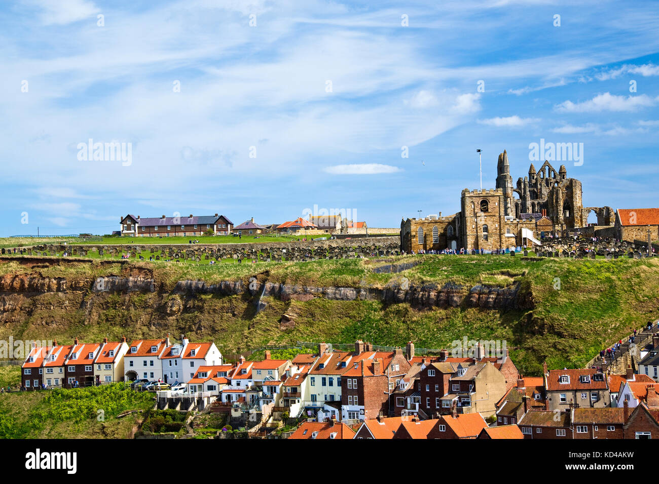 Veduta della chiesa e le rovine dell'Abbazia sulla cima della scogliera sopra la città di Whitby Foto Stock