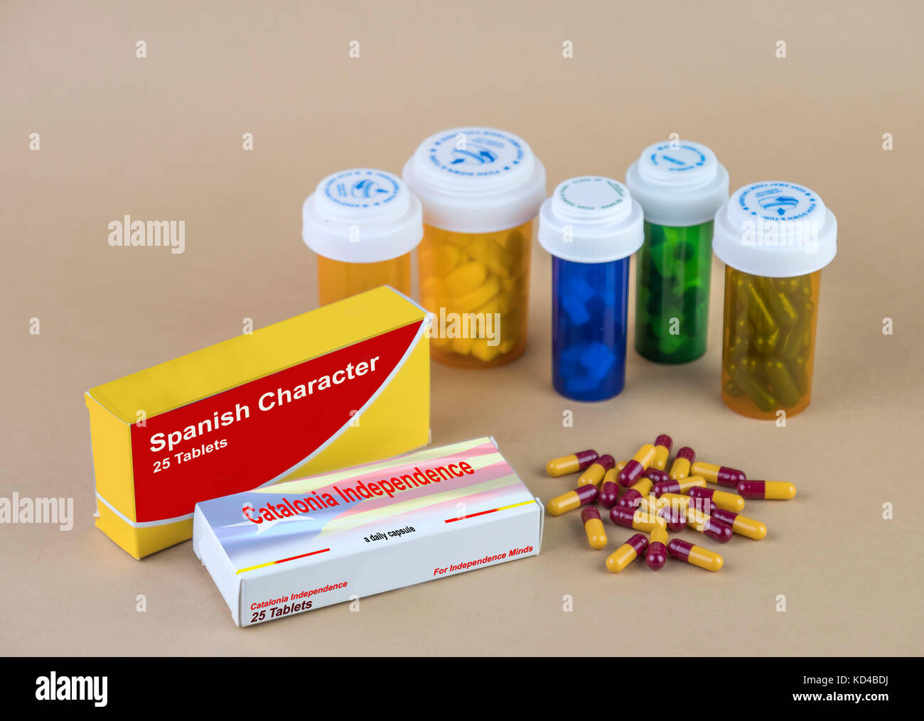 Diverse scatole di capsule in cui compare lo slogan del problema sociale della Catalogna, il concetto di fantasia, medicina falso Foto Stock
