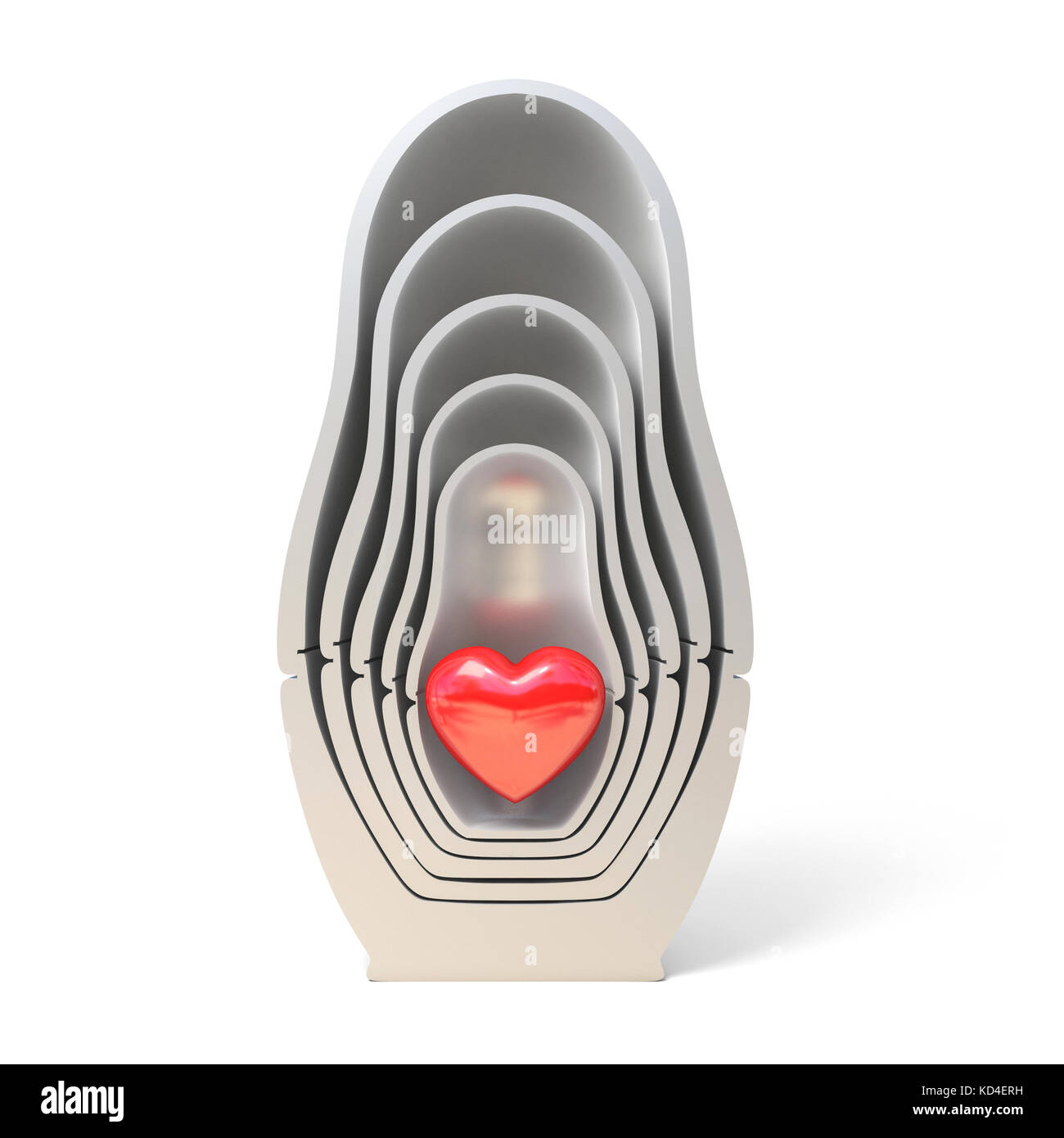 Taglio stratificato matrioska bambole con cuore all'interno di 3D render illustrazione isolati su sfondo bianco Foto Stock