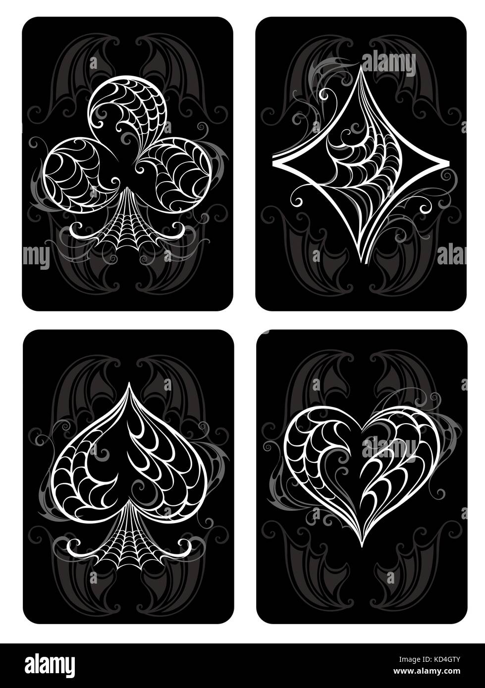 Il nero giocando a carte con simboli bianchi. i simboli delle carte da gioco. i simboli delle carte da gioco, cuore, diamante, spade e club. Illustrazione Vettoriale