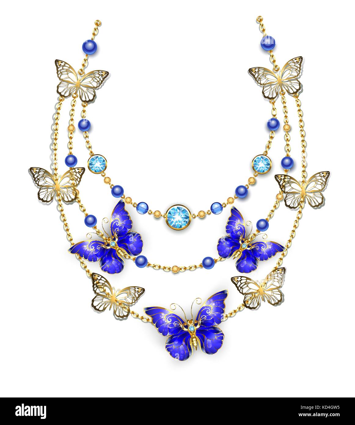 Collana di catene d'oro, ornato con perline blu zaffiro e farfalle. design di gioielli Illustrazione Vettoriale