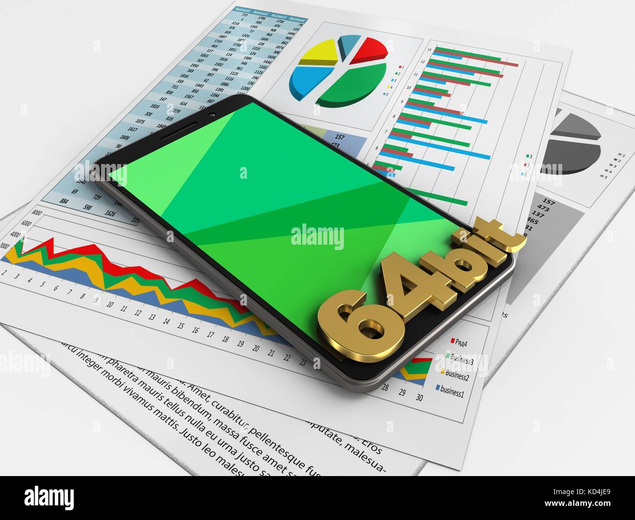 3d illustrazione del telefono cellulare su sfondo bianco con i documenti aziendali e 64 bit di segno Foto Stock