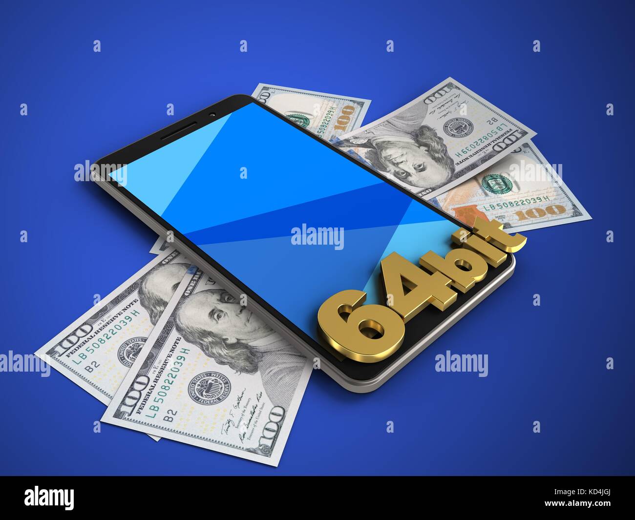 3d illustrazione del telefono cellulare su sfondo blu con banconote e 64 bit di segno Foto Stock