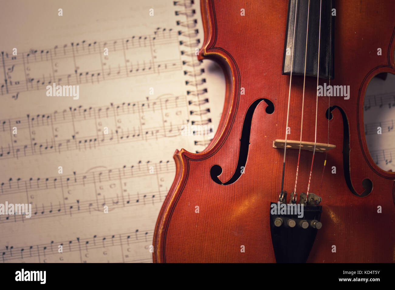 Classico vecchio violino e note. Foto Stock