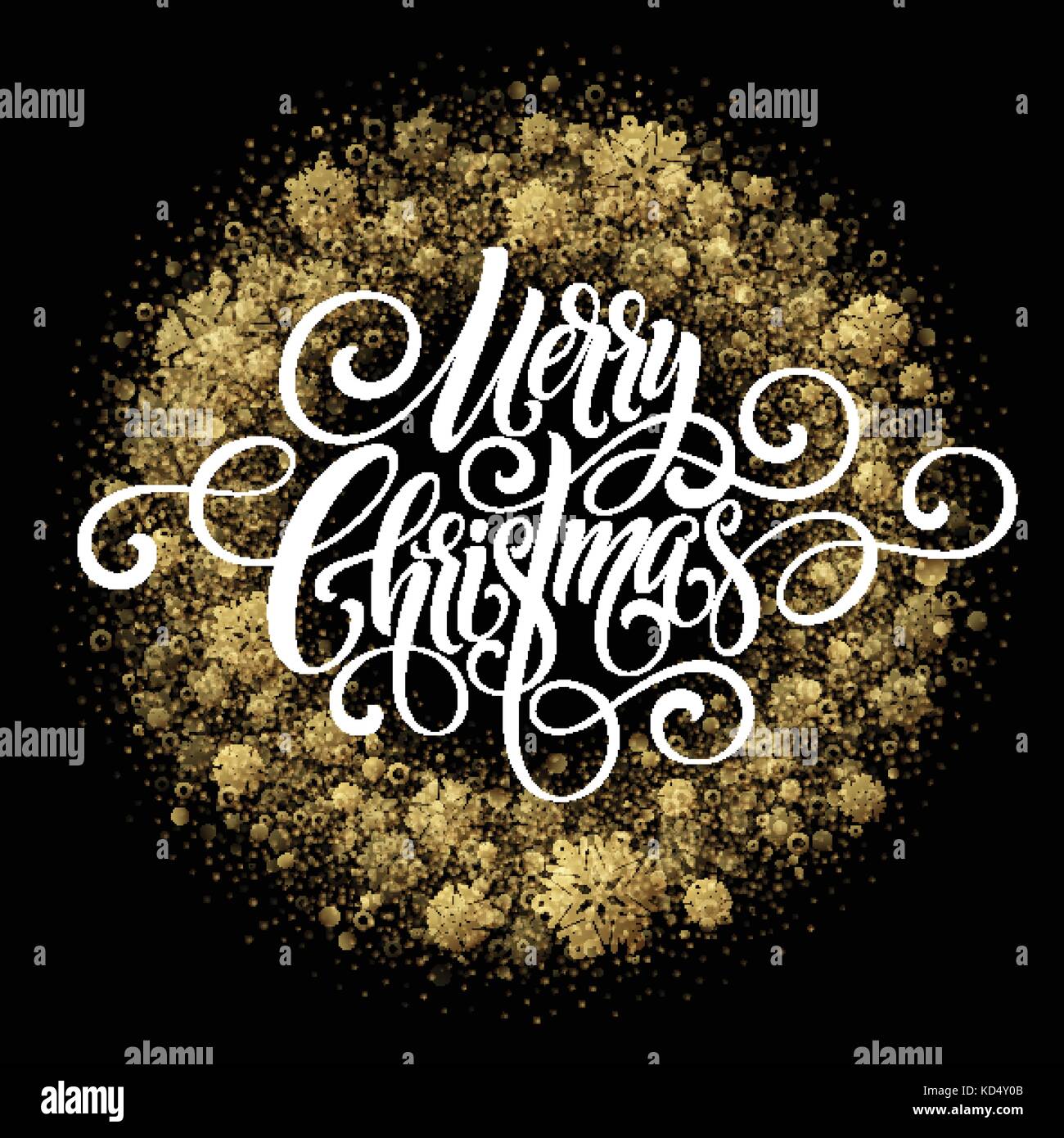 Buon Natale lo script della grafia lettering golden, bianco, nero di auguri di Natale sfondo con i fiocchi di neve. illustrazione vettoriale Illustrazione Vettoriale