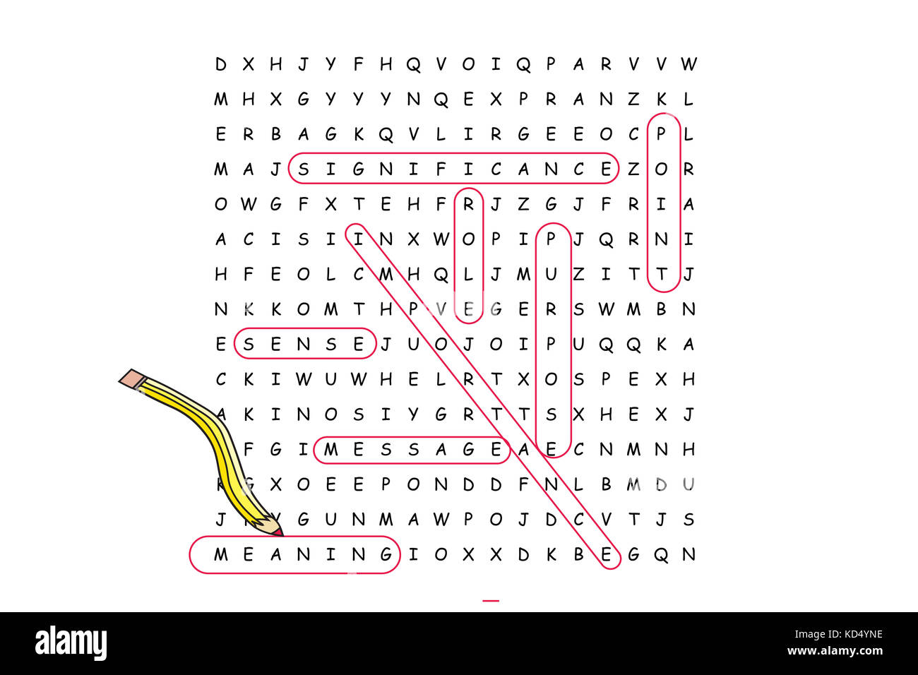 Puzzle di ricerca di parola con significato e associate parole cerchiata in  rosso a matita Foto stock - Alamy