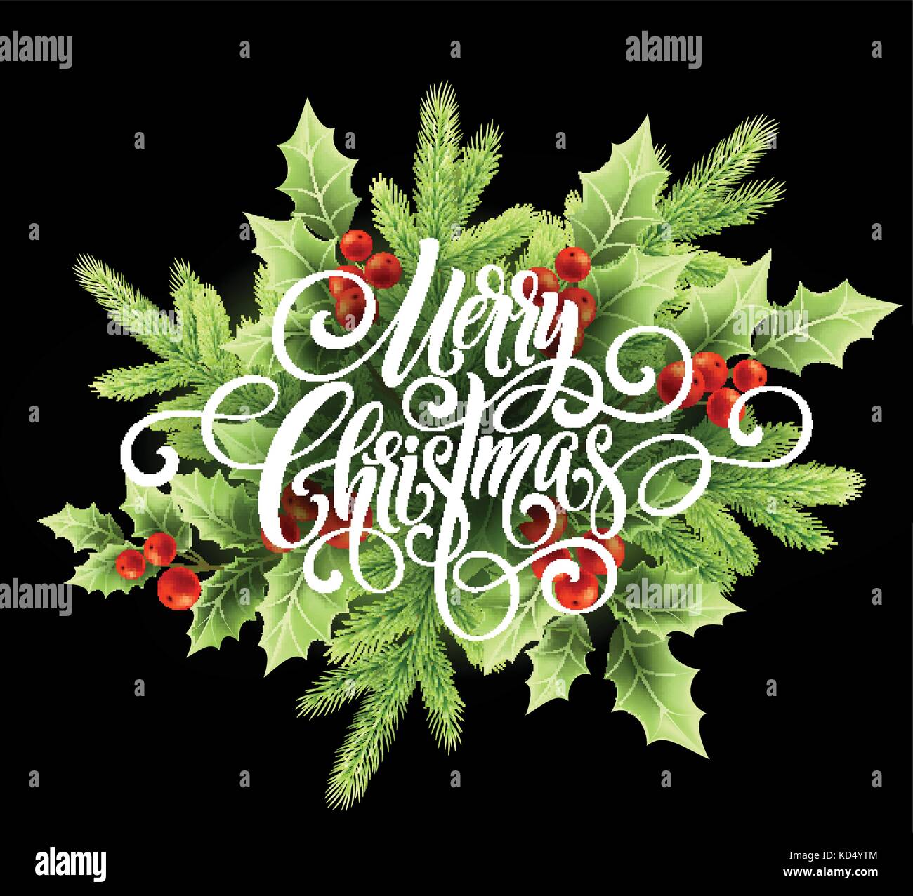 Buon Natale lo script della grafia lettering natale biglietto di auguri con holly. illustrazione vettoriale Illustrazione Vettoriale