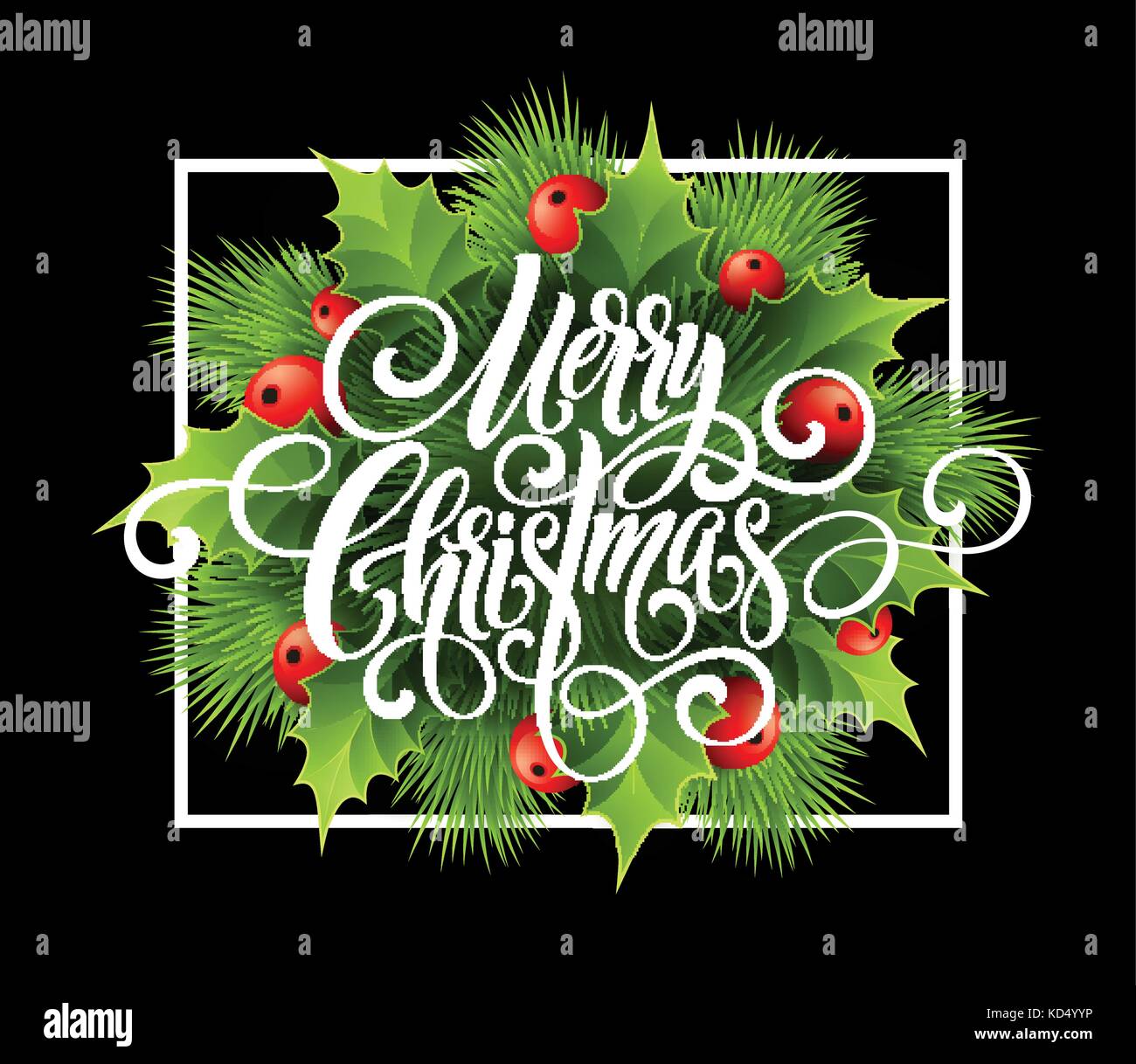 Buon Natale lo script della grafia lettering natale biglietto di auguri con holly. illustrazione vettoriale Illustrazione Vettoriale