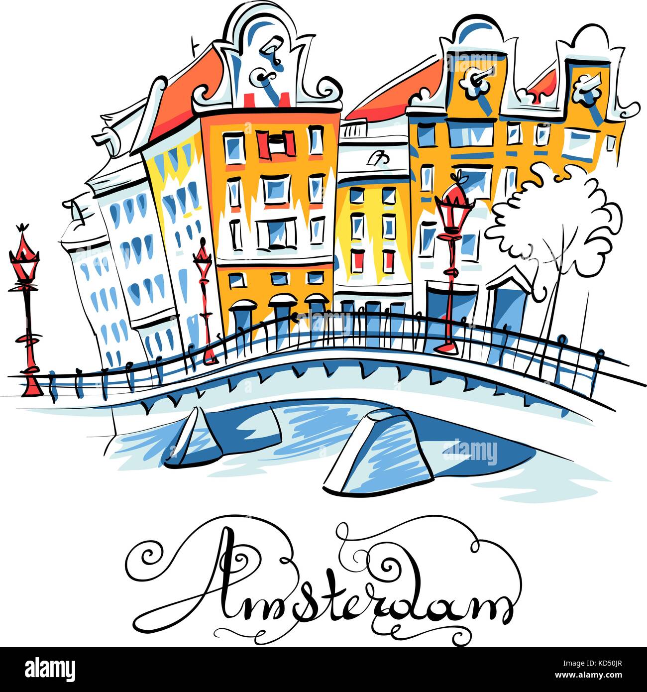 Vettore vista città di amsterdam canal Illustrazione Vettoriale