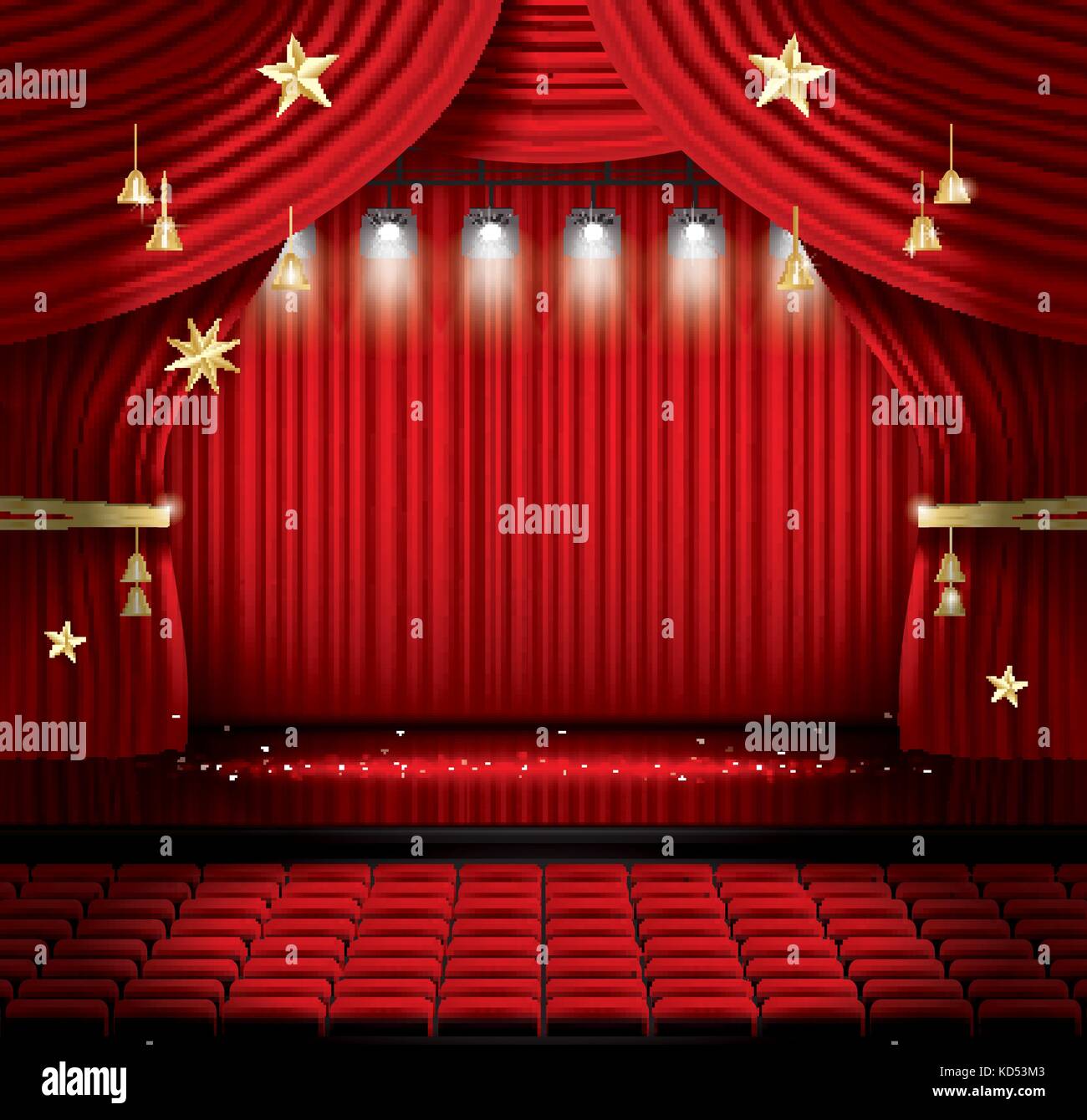 Red sipario di un palcoscenico con posti a sedere e faretti. illustrazione  vettoriale. teatro, opera o il cinema scena. luce su un pavimento Immagine  e Vettoriale - Alamy