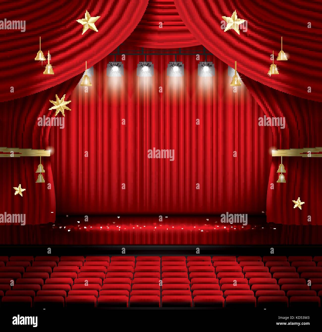 Red sipario di un palcoscenico con posti a sedere e faretti. illustrazione vettoriale. teatro, opera o il cinema scena. luce su un pavimento. Illustrazione Vettoriale