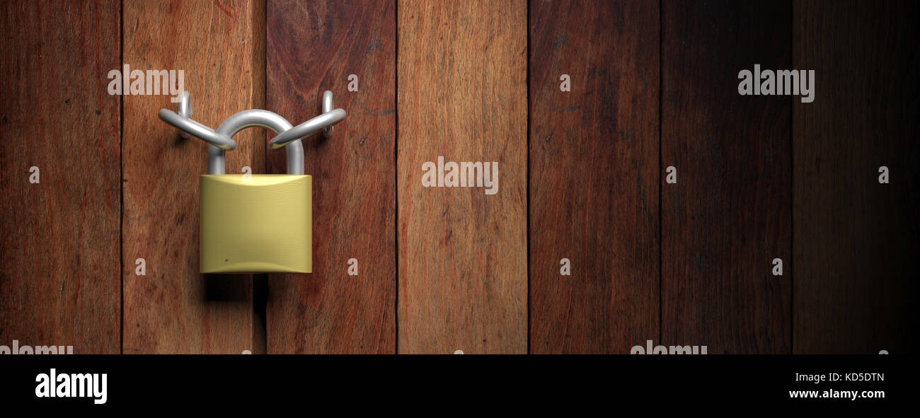 Un vecchio lucchetto sulla porta di legno, da vicino. illustrazione 3d. Foto Stock