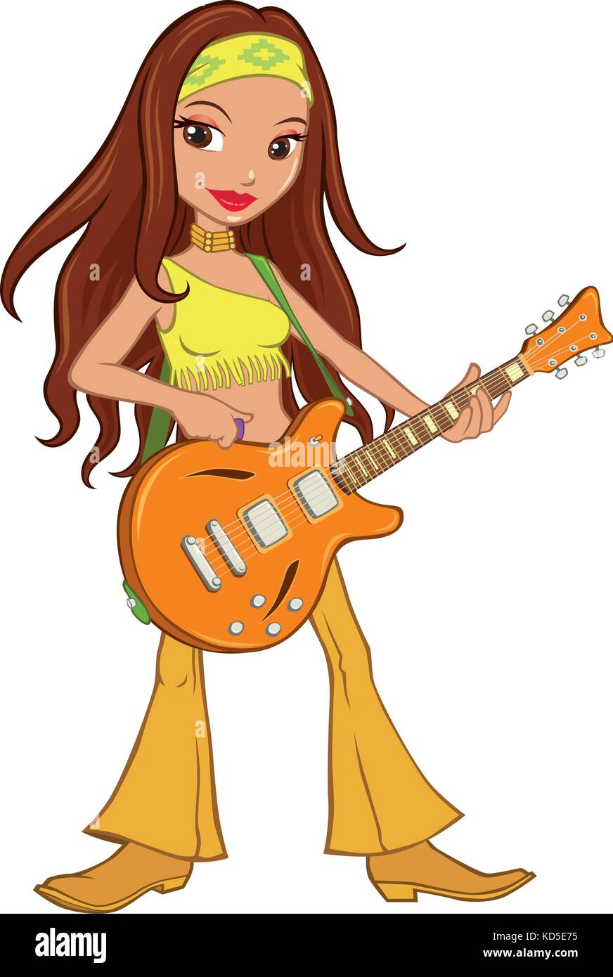 Cartoon vettoriale di una bella bruna suonare la chitarra elettrica e indossare stivali da cowboy di campana, fondelli e nativi americani bandana con stile e collana Illustrazione Vettoriale