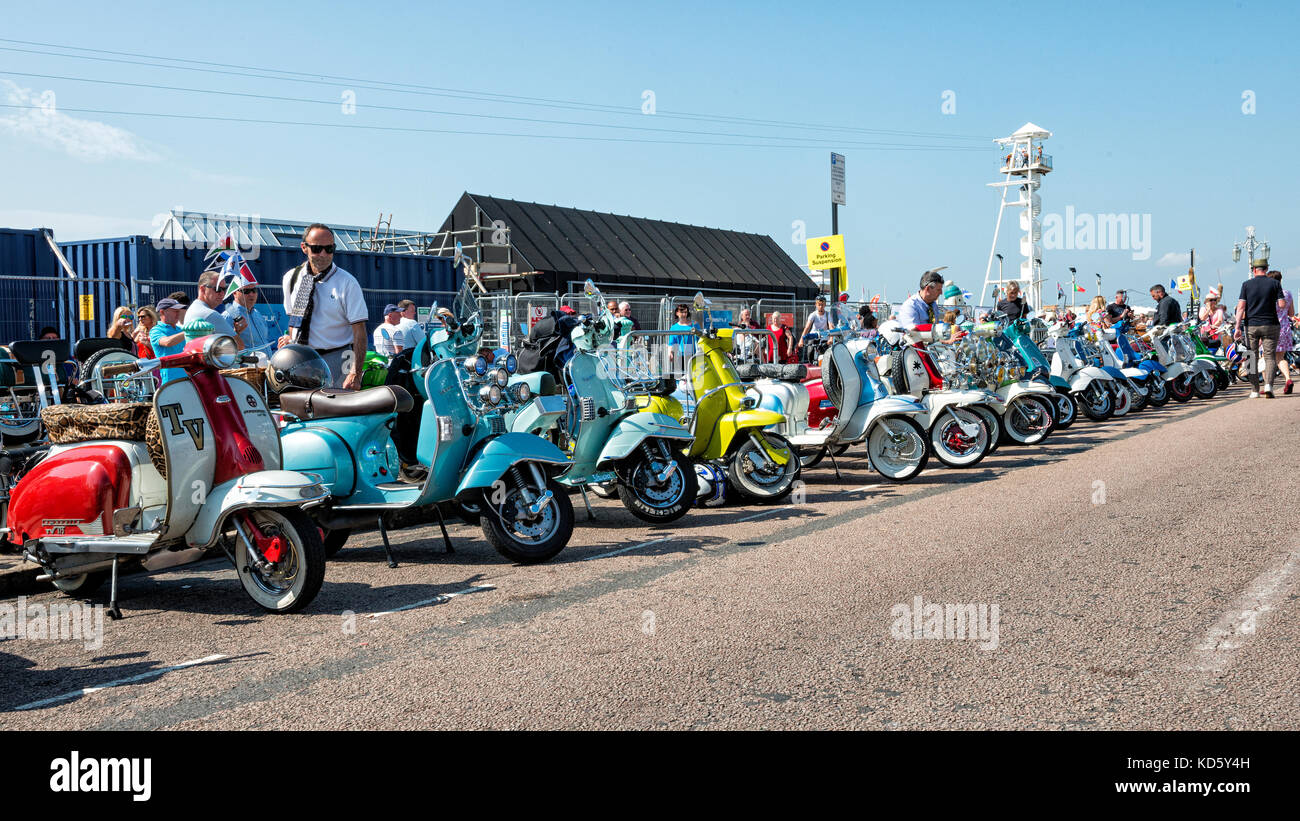 Brighton Mod Rally, Ferragosto scooter schierate in mostra Foto Stock