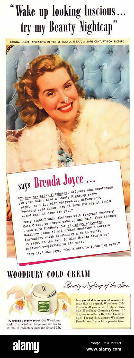 Brenda JOYCE (1917-2009) attrice statunitense circa nel 1942 promuovendo una crema fredda e il suo film Little Tokyo, USA Foto Stock