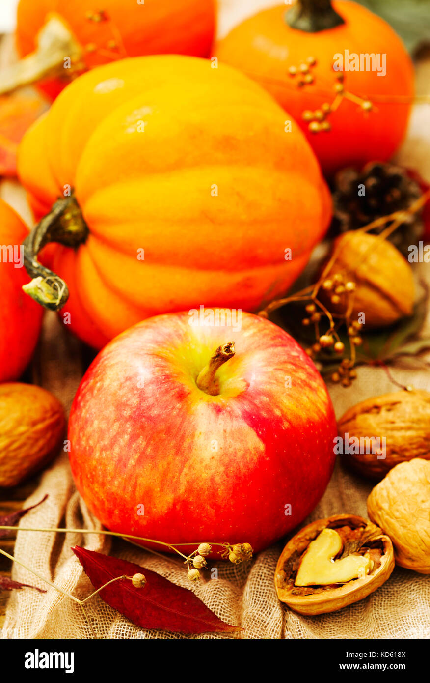 Autunno zucche e mele con la caduta delle foglie. Composizione di autunno Foto Stock