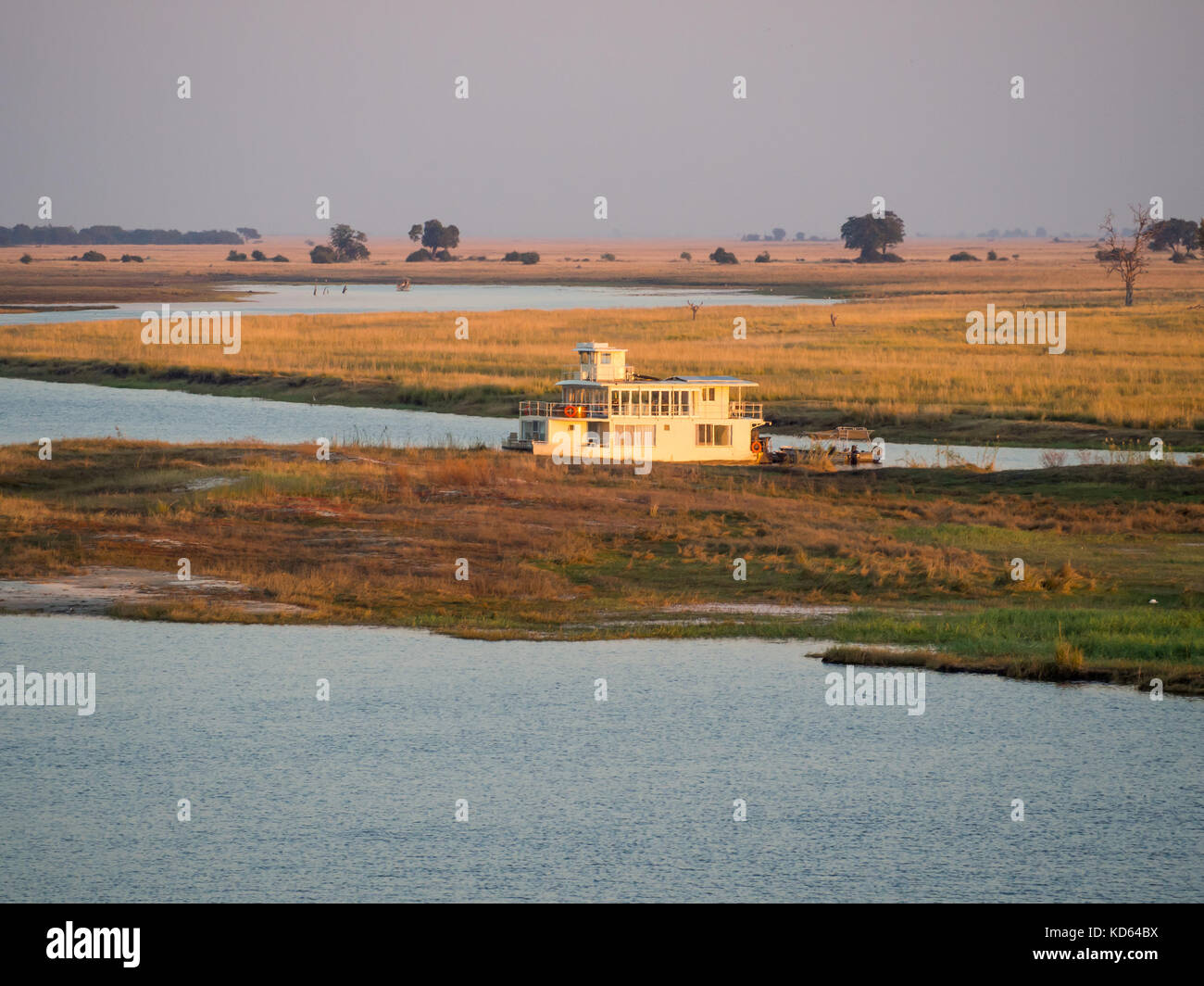 Grandi houseboat recante sul lato della Namibia di banca del fiume Chobe nel Chobe National Park, Botswana, Sud Africa. Foto Stock