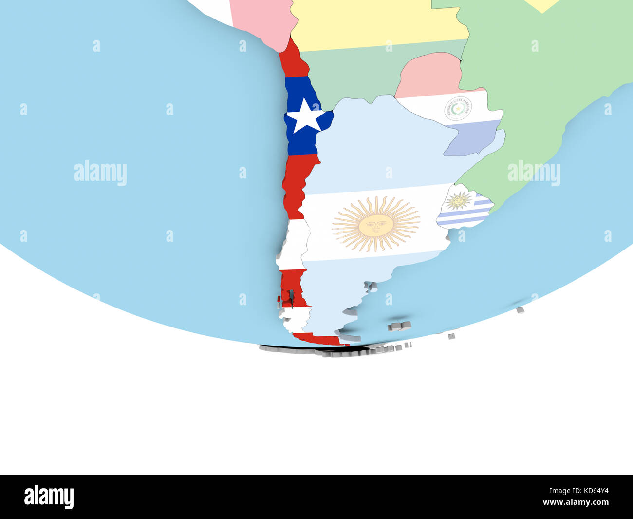 Il Cile sul globo con la bandiera. Illustrazione 3D. Foto Stock
