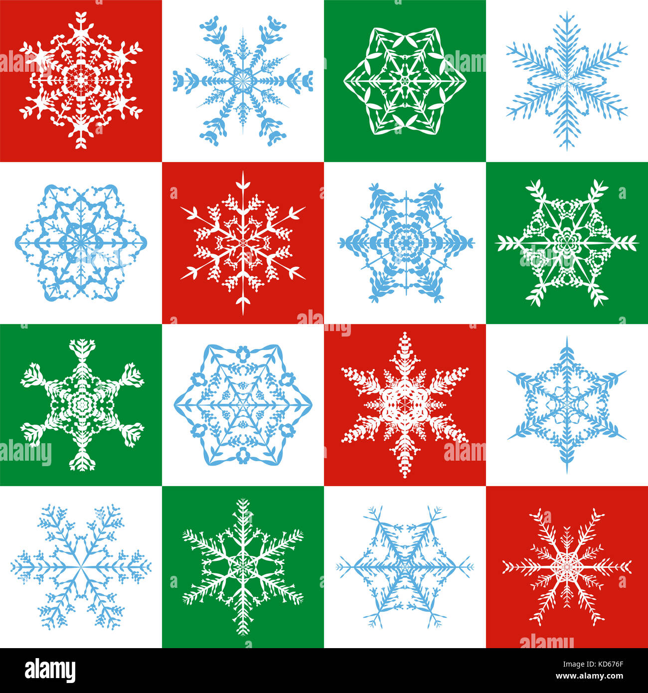 Modello di fiocchi di neve - delicato rosso, verde, bianco Natale sfondo con sedici diversi disegni - seamless estensibile formato quadrato. Foto Stock Modello di fiocchi di neve - delicato rosso, verde, bianco Natale sfondo con sedici diversi disegni - seamless estensibile formato quadrato. Foto Stock