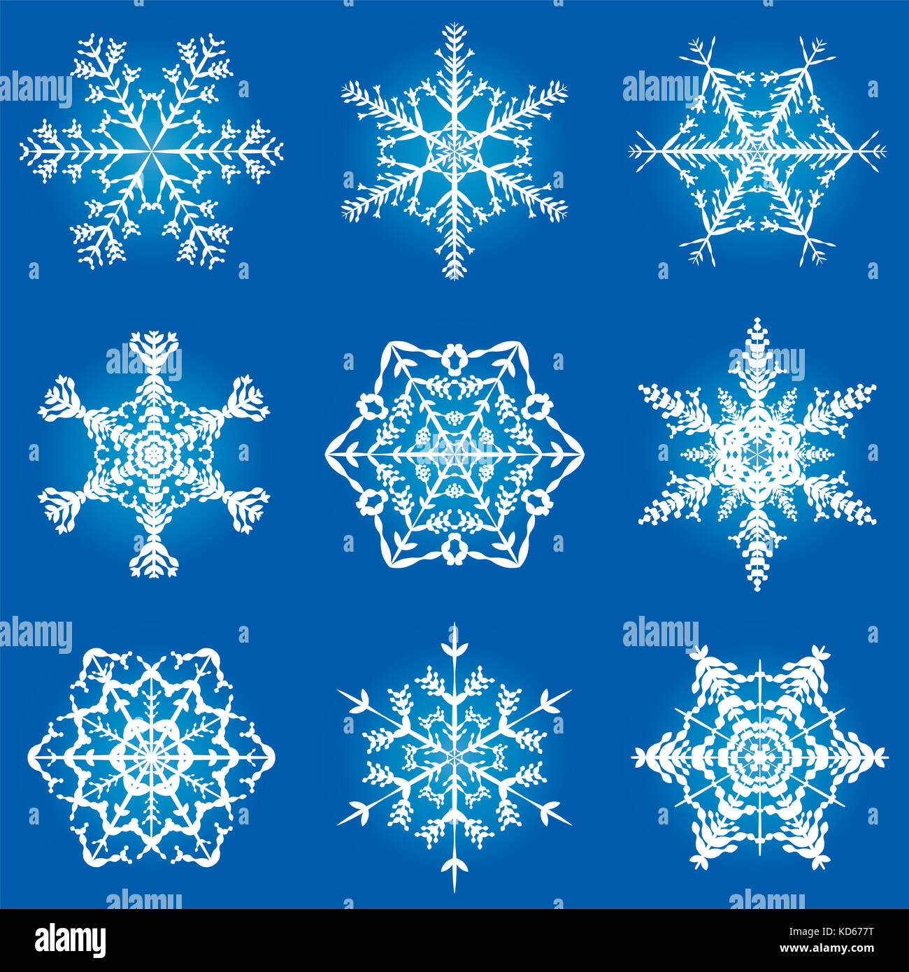 Fiocchi di neve disegno ornato - nove filigrana, grazioso, delicato illustrazione di fiocchi di neve sul formato quadrato blu gradiente dello sfondo. Foto Stock