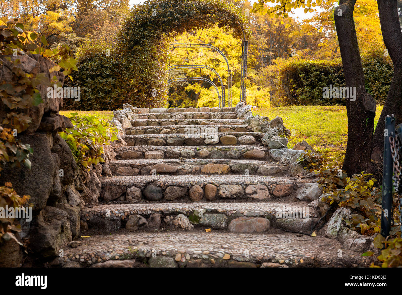 Le scale di pietra che conduce fino al giardino nel parco Foto Stock