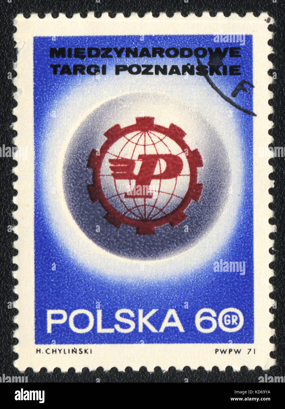 Un francobollo stampato in Polonia mostra poznan fiera internazionale,circa 1971 Foto Stock