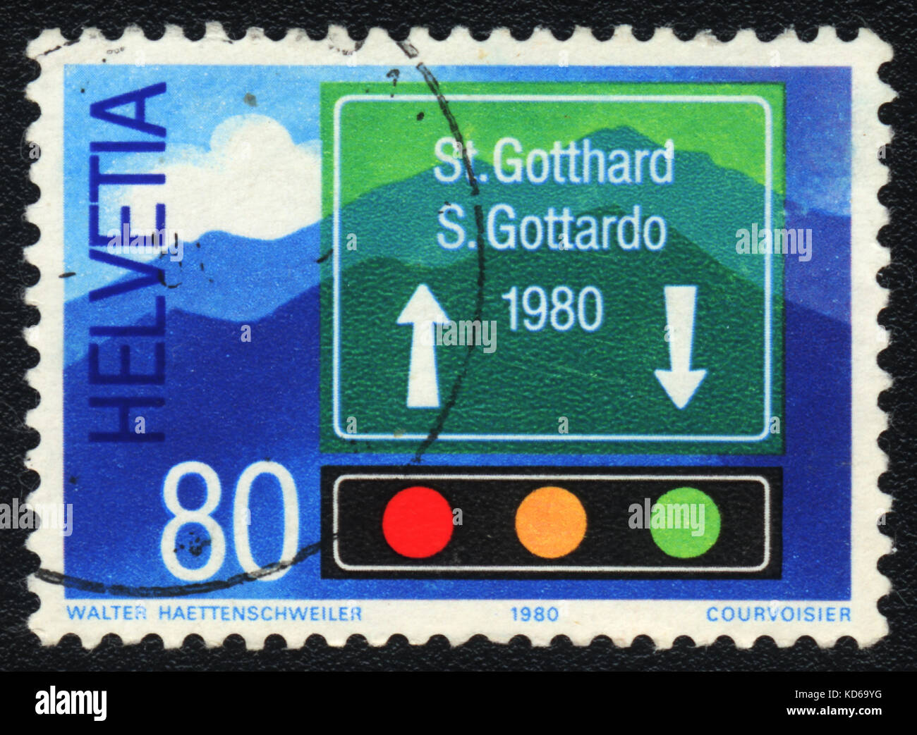 Un francobollo stampato in Svizzera mostra la segnaletica e s.Gottardo, circa 1980 Foto Stock