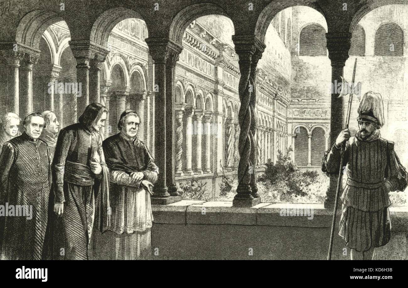 Franz Liszt con Papa Pio IX e il Cardinale Antonelli quando è stato ordinato in Vaticano nel 1866 - Nel chiostro di San Giovanni in Laterano a Roma. Ungherese pianista e compositore. 22 Ottobre 1811 - 31 luglio 1886. Foto Stock