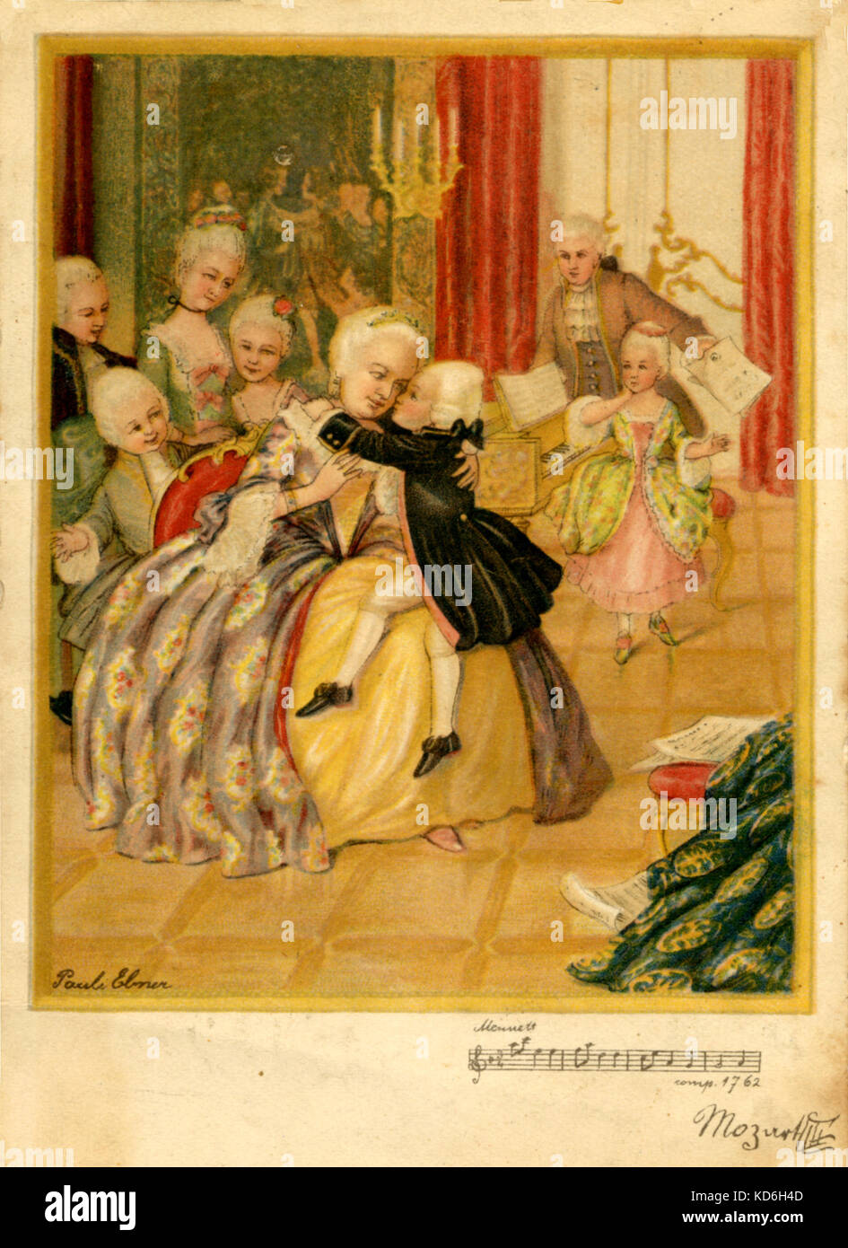 MOZART Wolfgang Amadeus a Vienna corte imperiale di età compresa tra i 6. Mozart, che firma a destra della scheda. Nella foto seduta nel giro dell'Imperatrice. Il compositore austriaco,1756-1791 Foto Stock