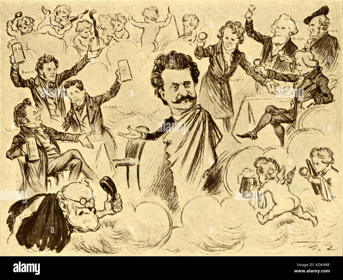 Johann Strauss II in cielo, accolto e congratulazioni da Mozart, Wagner, Brahms, Beethoven, Strauss senior e Schubert. Una caricatura da 'Floh", rivista inizio del XX secolo. Foto Stock