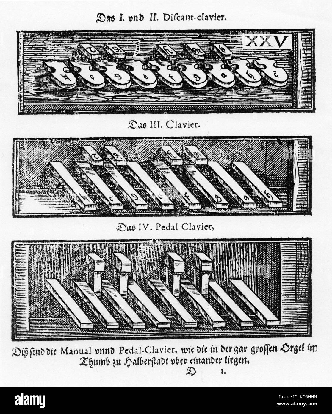 Traetorius 's 'Syntagma Musicum", 1619 - incisione che mostra 3 tipi di tastiere di organi compresi descant e tastiera del pedale. Foto Stock