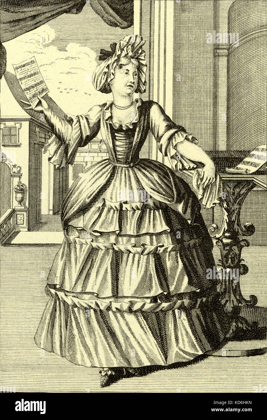 Femmina cantante barocco azienda cliente. Incisione di J. C. Weigel (1661-1726). Foto Stock